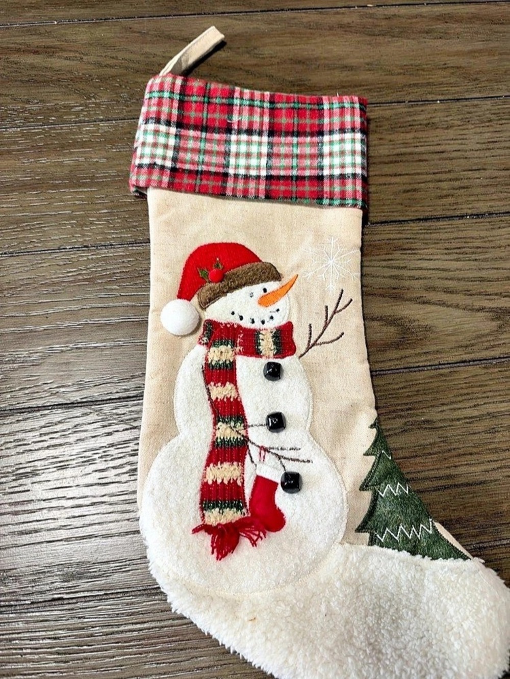 Snowman Christmas Stocking in Cream & Red Like New